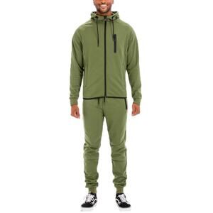 Men's 2Pcs Solid Color Track Jacket and Joggers Pants Set in Olive Green